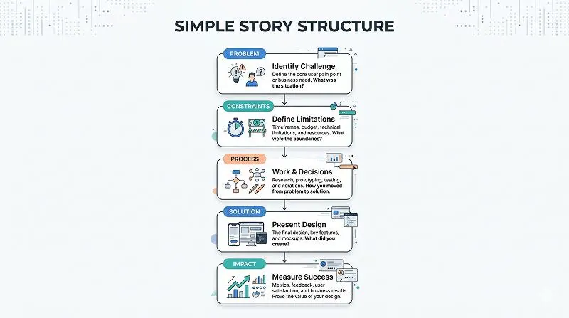 Infographic showing simple story structure for UX and UI design portfolio case studies
