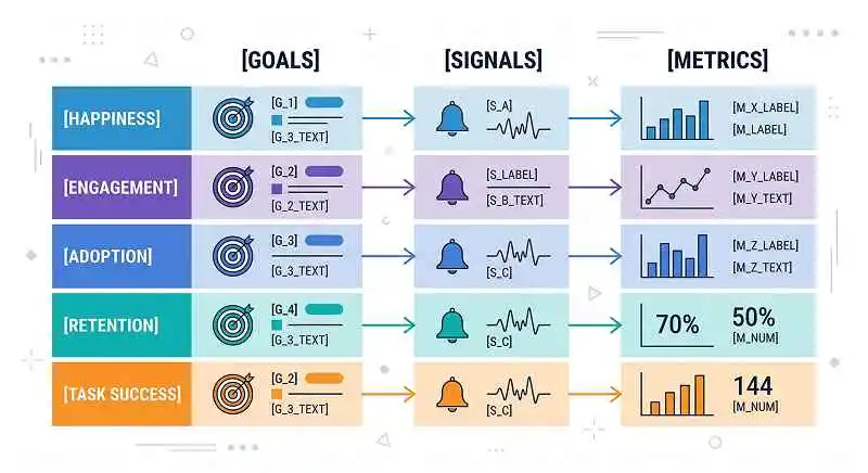 Process diagram showing the flow from goals to signals to metrics within HEART dimensions