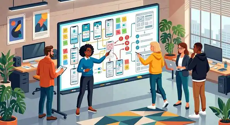 Product team reviewing interaction design flows on a large screen, fixing UX mistakes quickly