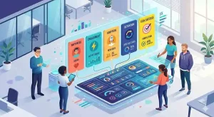 Product team translating business goals into HEART framework dimensions on a digital dashboard