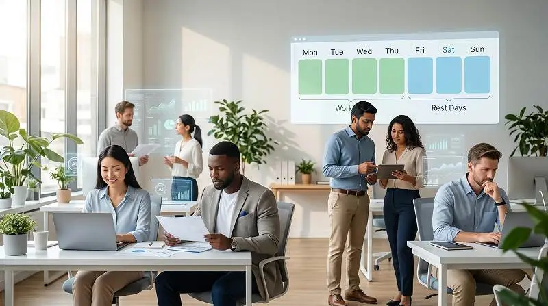 Professional team enjoying a 4-day AI-driven reduced workweek in a modern office with calm futuristic technology