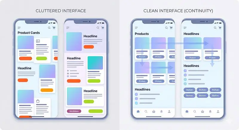 Side-by-side comparison of a UI with broken continuity and a UI with clear visual continuity
