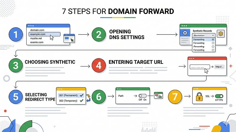 Step-by-step diagram showing how to configure a Google Domains synthetic forwarding record