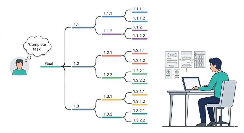 Step-by-step visualization of building a hierarchical task analysis from user goal to detailed subtasks