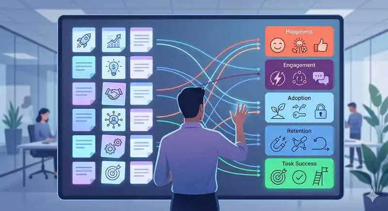 UX strategist mapping product goals to HEART dimensions on a digital whiteboard