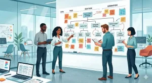 UX team collaborating around a large hierarchical task analysis diagram on a wall